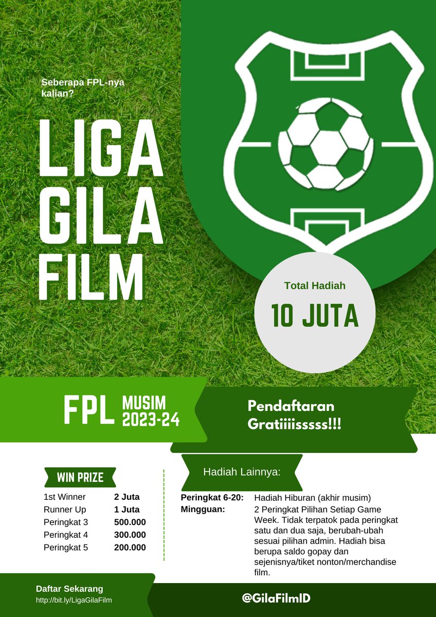 PENDAFTARAN LIGA GILA FILM DIBUKA!!!! 

Seru2an aja utk selingan akhir pekan. Ada 38 pertandingan. Total hadiah 10 juta selama musim 2023-24 yang dibagi untuk hadiah akhir musim dan hadiah mingguan. Rulesnya apaan aja nih? Gampang, nama klub harus berhubungan dgn film. Titik!!