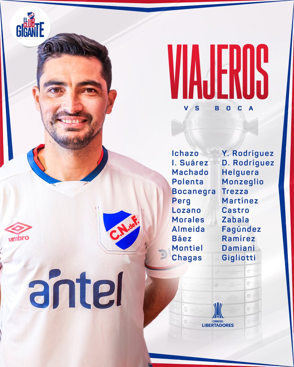 Nacional's tweet photo. 🛫 Esta es la lista de viajeros a Argentina para enfrentar a @BocaJrsOficial por CONMEBOL @Libertadores 🏆🔜

#ElClubGigante 🔵⚪️🔴 https://t.co/6QVFXJM8Za