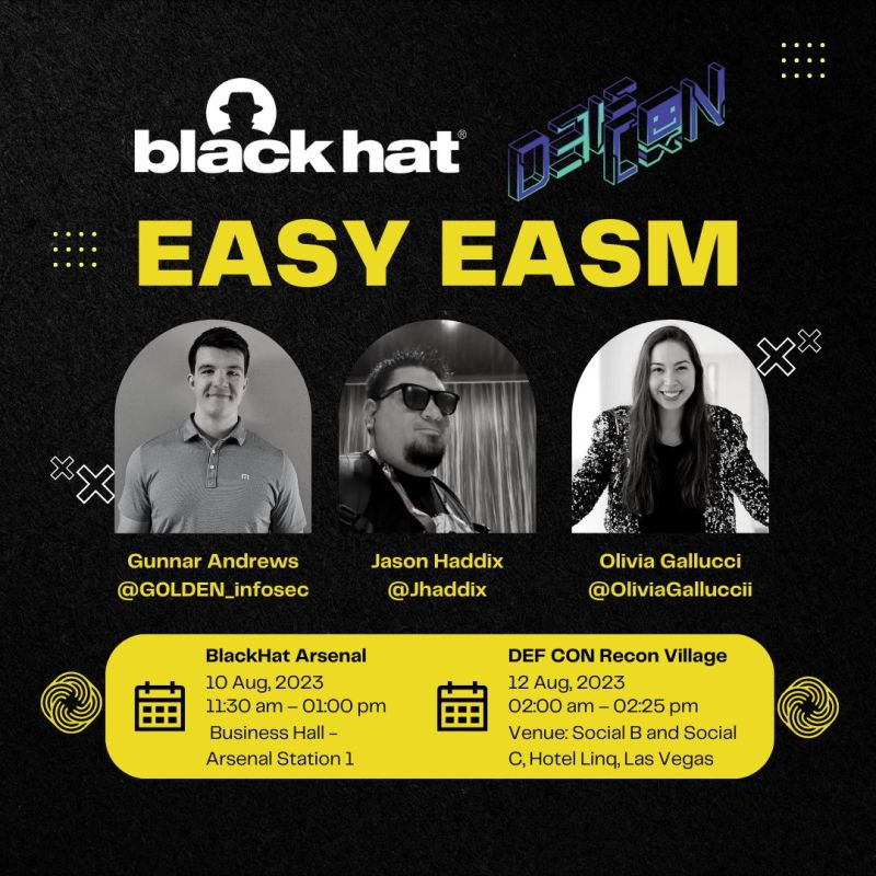 I am excited to announce that I will be presenting at Black Hat and DEF CON with <a href="/Jhaddix/">JS0N Haddix</a> and <a href="/G0LDEN_infosec/">Gunnar Andrews</a>! 💻

<a href="/BlackHatEvents/">Black Hat</a> <a href="/defcon/">DEF CON</a> 
#InfoSec #OffensiveSecurity #OpenSource