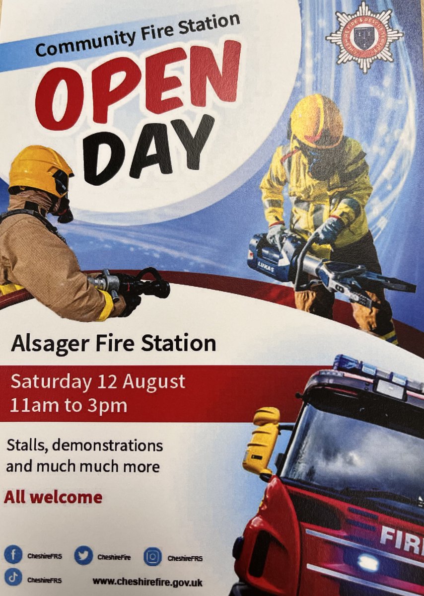 AlsagerFS's tweet image. 🗓️🚒 Save the date for our upcoming open day!

Saturday 12th August 11am-3pm.
Alsager Fire Station, Brookhouse Road, Alsager, ST7 2PA.

FREE ENTRY! Everyone welcome, lots to see and do for children and adults of all ages. We look forward to seeing you there 😁🚒