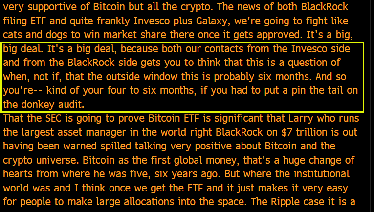 EricBalchunas's tweet photo. According to "contacts" from inside BlackRock and Invesco spot Bitcoin ETF approval a matter of "when, not if" likely in "four to six months" -- Galaxy CEO Mike Novogratz on earnings call this morning https://t.co/TIhHC7xnHI