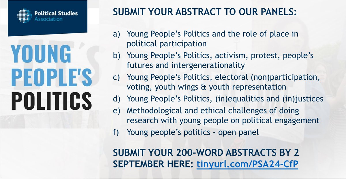 PSAyoungpol's tweet photo. Have you had a think about what research you might want to share with the #YoungPeoplesPolitics community come next April? 

📢Don't miss out on submitting your abstracts for #PSA23 by 8th September. 

Have a look at the panels you can submit to below 👇
https://t.co/jP86ynJ5zu https://t.co/dYrgk6zcUZ