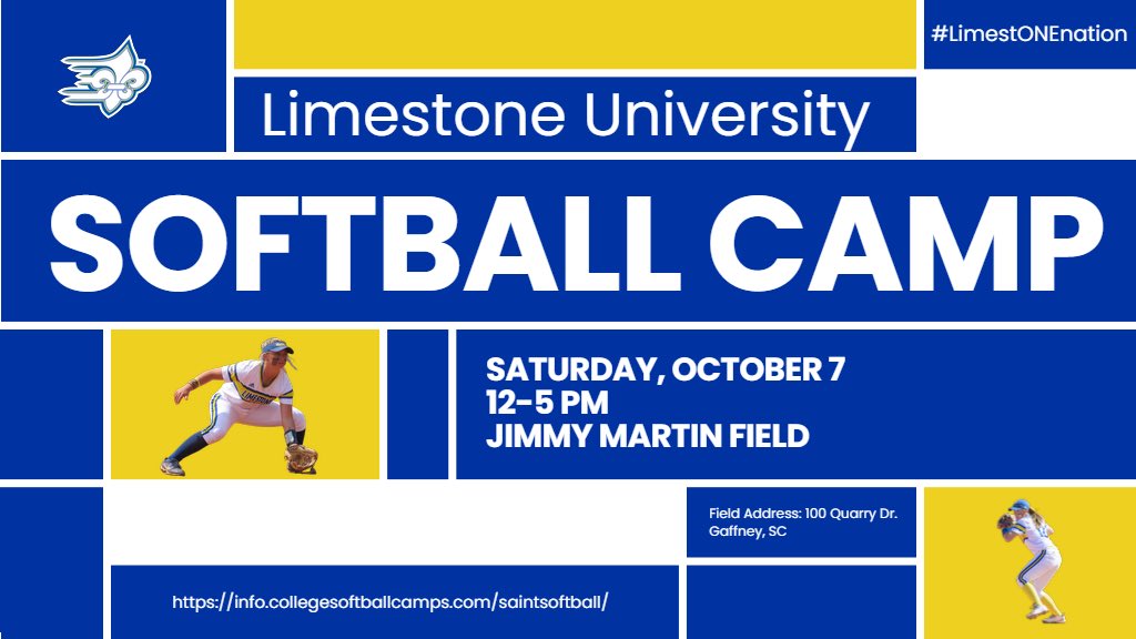 Limestone Softball Camp 

Saturday, October 7th 
12-5pm
Grades: 7-12th 

Jimmy Martin Field
100 Quarry Dr. 
Gaffney, SC 

Get signed up today!

#limestONEnation