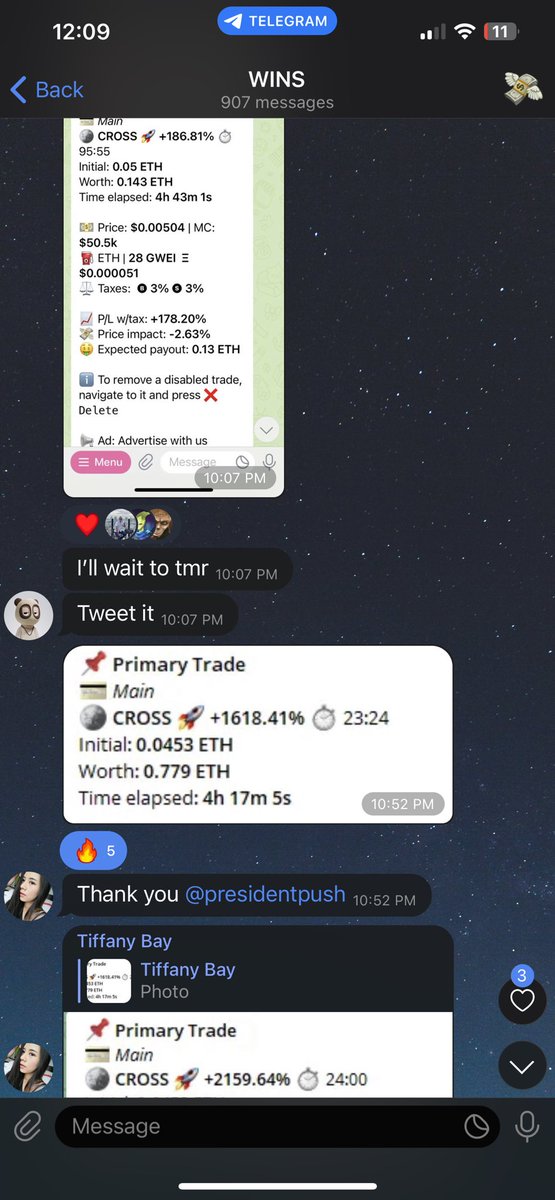 GN fam 

Private TG just completed 0.1 ETH to 1 ETH challenge in 1 week and really in one coin! Under the radar still @crosschainbot 

Here is yesterdays President Alpha wins!

$ethereum - 3x
$honey - 2x
$dumb - 21x
$lgbtq - 3.5x
$nd4 - 8x
$cross - 22x (55x currently)

LIKE + RT!