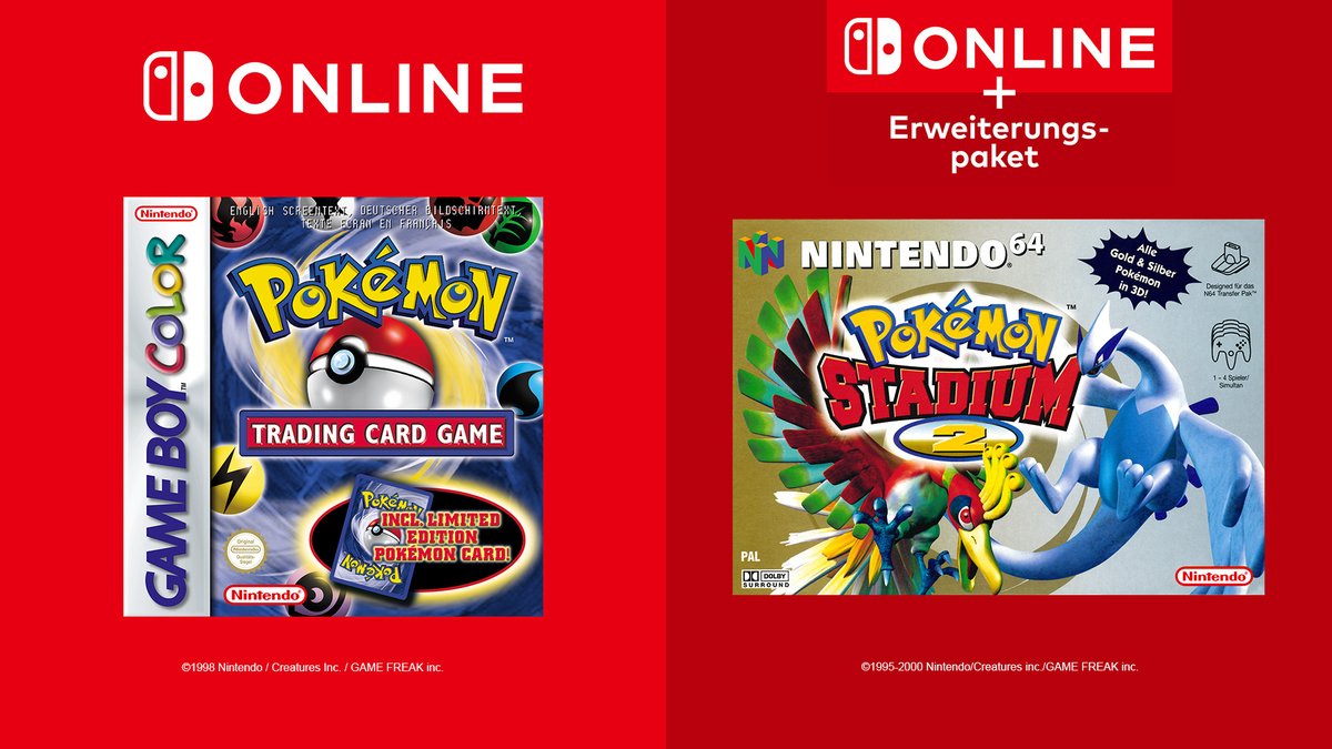 NintendoDE's tweet photo. Stellt ein Deck zusammen und duelliert euch in Pokémon Trading Card Game. Der Game Boy Color-Klassiker ist jetzt bei #NintendoSwitchOnline erhältlich.

Mitglieder von Nintendo Switch Online + Erweiterungspaket können jetzt auch den #Nintendo64-Titel Pokémon Stadium 2 spielen! https://t.co/Wl5bmOj377