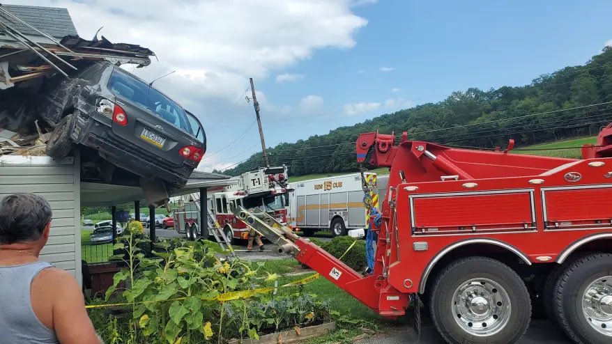 PopCrave's tweet photo. A driver has been taken to hospital after crashing a car into the second story of a house in Pennsylvania.

State Police say investigators believe it wasn’t an accident. https://t.co/D2U5P0fQMn