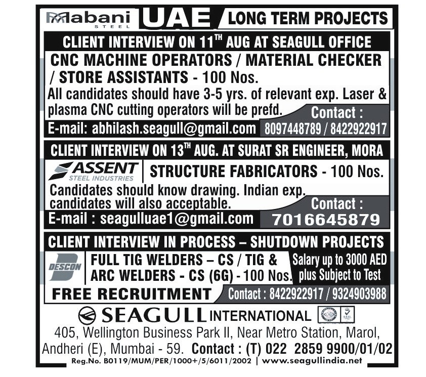 hrd1_seagull's tweet photo. UAE JOBS
FREE RECRUITMENT
LONG TERM PROJECT
CLIENT INTERVIEW ON 11th AUGUST AT SEAGULL OFFICE
.
.
.
#uaejobs #suratjob #cncmachineoperator #storeassistants #structurefabricator #fulltigwelders #arcwelders https://t.co/fxnOSIFlJV