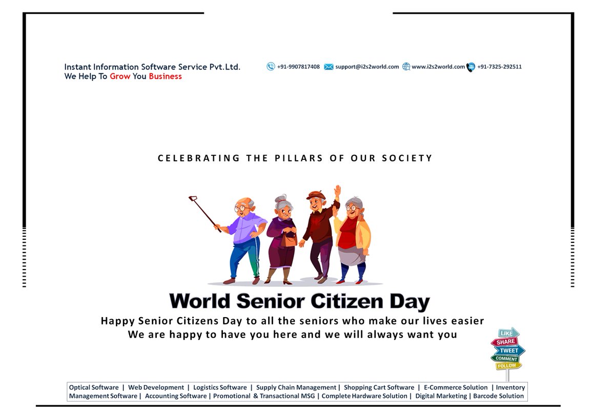 Celebrating the pillars of our society on #World_Senior_Citizen_Day_2023
#WorldSeniorCitizenDay
#Seniorcitizenday
#seniorcitizenlife
#विश्व_वरिष्ठ_नागरिक_दिवस
#Optical_software
#Opticalsoftware
#i2s2
#Optocare
#Instant_Information
#9907817408
#AaharStore

i2s2world.com