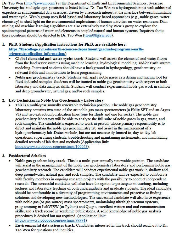 These noble gas geochemistry positions are still open. In addition, I added student opportunitities in both noble gas geochemistry and environmental data sciences. Please help retweet. Thanks!