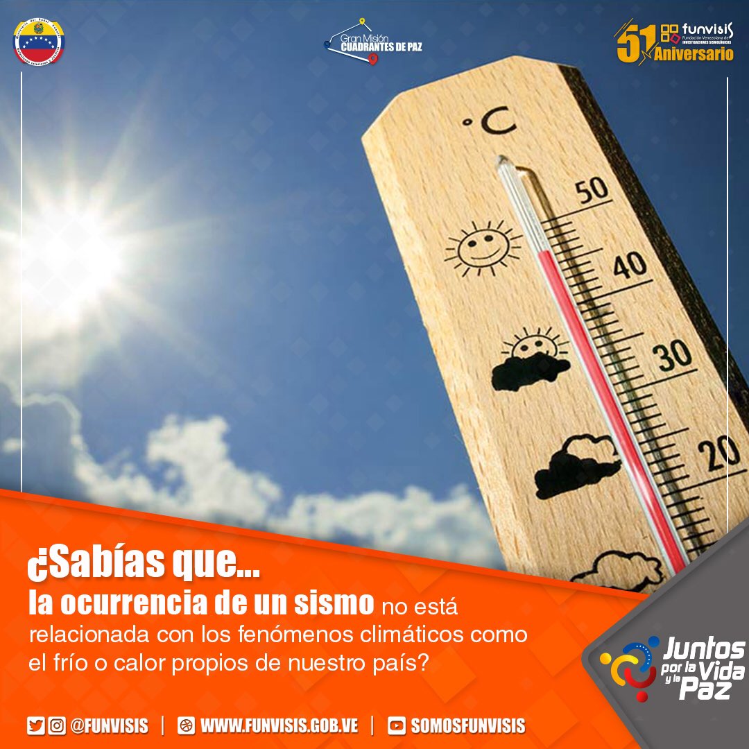 FUNVISIS's tweet photo. #SabíasQue | Las altas temperaturas no influyen en la ocurrencia de un sismo; el calor que sentimos en la atmósfera no penetra al interior de la tierra. 

#AlfabetizaciónSismológica #JuntosPorLaVidaYLaPaz #Sismo #Funvisis #SomosFunvisis #VozDeVenezuelaEnBrasil https://t.co/Tt4laYhE3s