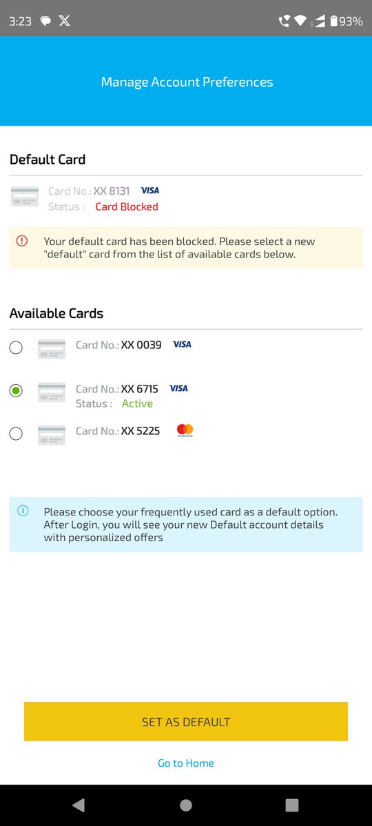 patreonish's tweet photo. @SBICard_Connect My simple problem is that, when I login to the SBI card app, all my active/inactive cards are shown and I'm supposed to choose the most frequently used card as the default card. What happens on choosing the default card? See the second screenshot. https://t.co/wbq984M32w