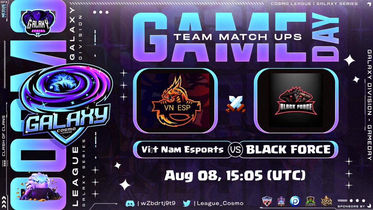 Cosmo_League's tweet photo. We're back to the Galaxy Division streams today, we've got 3 exciting matches for you to tune into! They'll all be streamed at https://t.co/TXFikJlmDC!

Galaxy Division - Round of 128
⚔️#Vietnam_eSports vs #BlackForce
📅 8th August at 15:00UTC

⚔️@DeathgodCsk vs #IMAGINE_DRAGONS
📅 8th August at 16:00UTC

⚔️#Punishers vs #Class_ESports
📅8th August at 20:00UTC