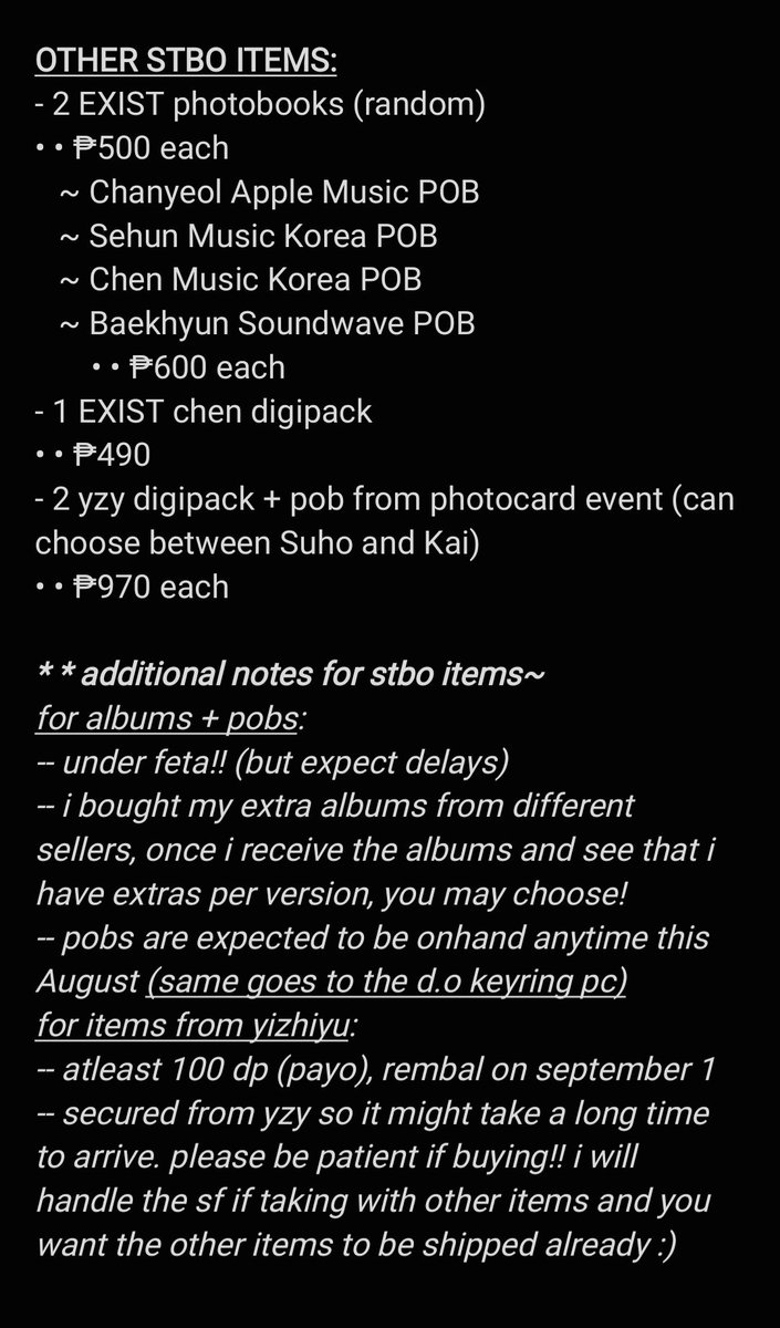 fairyybyun_'s tweet photo. wts | lfb | ph | #theberrybasket

• • please help rt!! ♡
• prices are indicated in the photos!
• • preview of pobs + condi of onhand pcs are under this tweet
• kindly read the notes provided~

─ reply/dm to claim 🫶

🏷️: exo photocard poca pc album sealed pob tingi set https://t.co/F3TNT7nPxZ