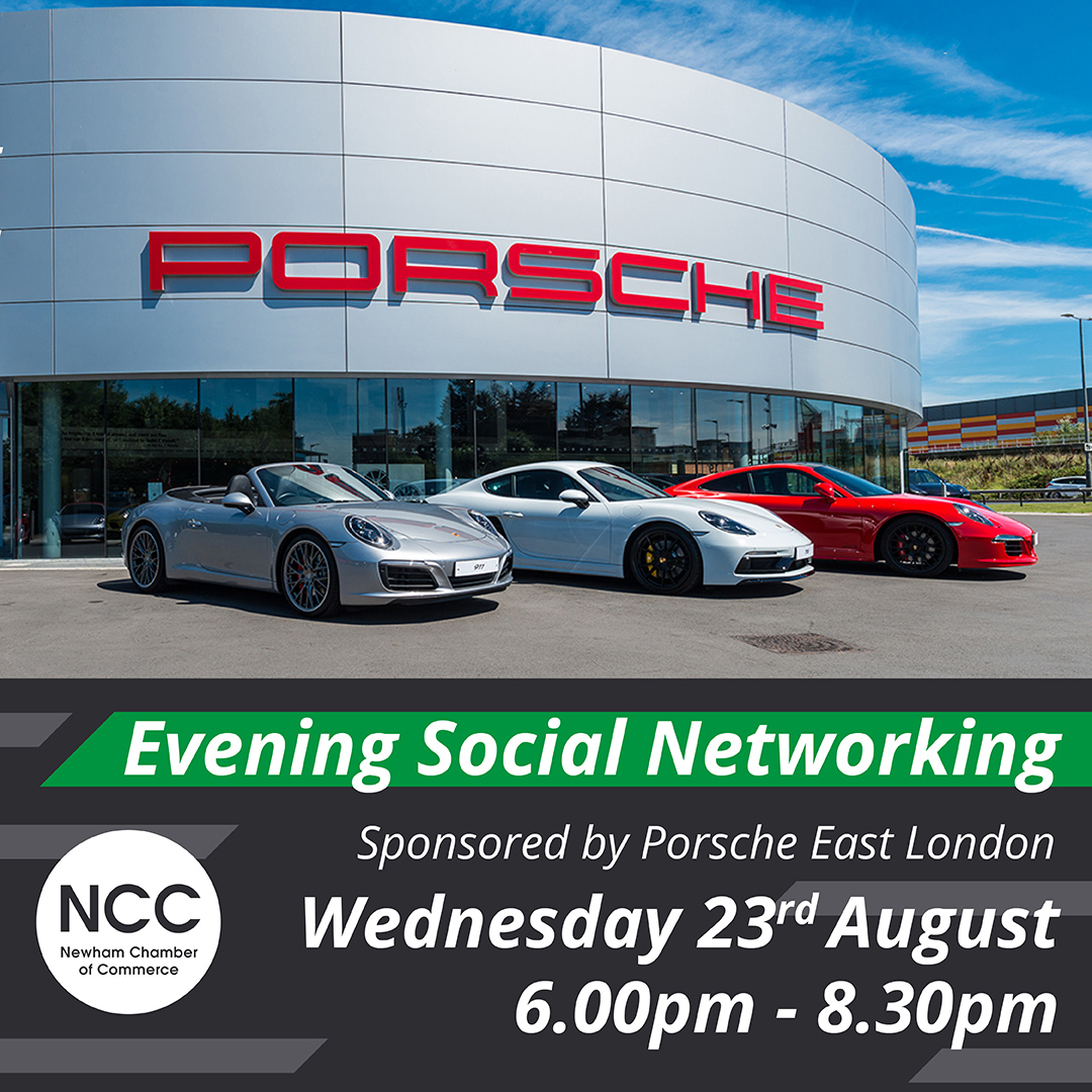 newhamchamber's tweet photo. SAVE THE DATE

Newham Chamber of Commerce member Porsche East London are hosting our summer evening social networking event on Wed 23rd Aug. from 6pm to 8:30pm 

For more information and availability of tickets: 
https://t.co/ziykbFQsJ1 

#SummerSocial #Networking #NCC #Business https://t.co/ouhNO2ONsk