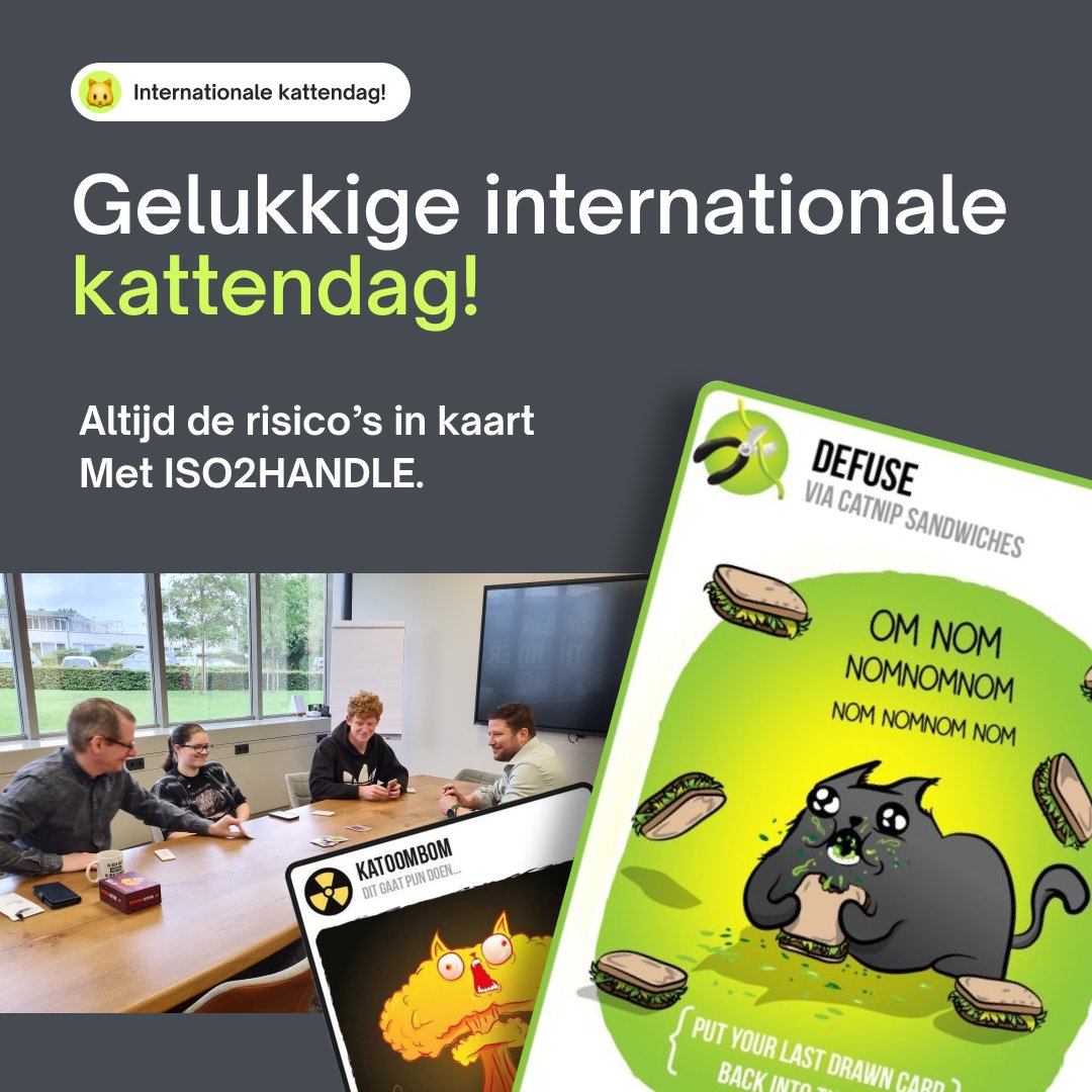ISO2HANDLE's tweet photo. Bij ISO2HANDLE combineren we werk &amp; plezier, vandaag eren we onze kattenvrienden met ons favoriete kaartspel: Exploding Kittens! 

Pak je kans om kwaliteits- en risicobeheer te beheersen en start een gratis proefperiode via: https://t.co/Qcg2rXwpSo 

#Katten #InternationalCatDay https://t.co/abU1FdWuXs