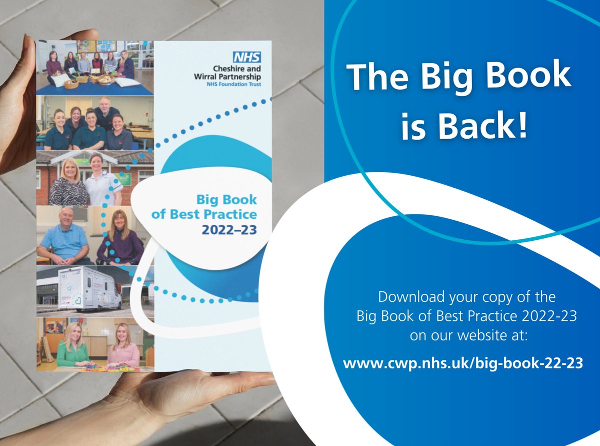 cwpnhs's tweet photo. The Big Book is back! Download your copy of our Big Book of Best Practice 2022/23 - packed full of innovative and inspiring best practice case studies from across the Trust. 

🌐 Visit: https://t.co/0tWMF4fzIo #BBBP23 https://t.co/e6iH1tRZdG