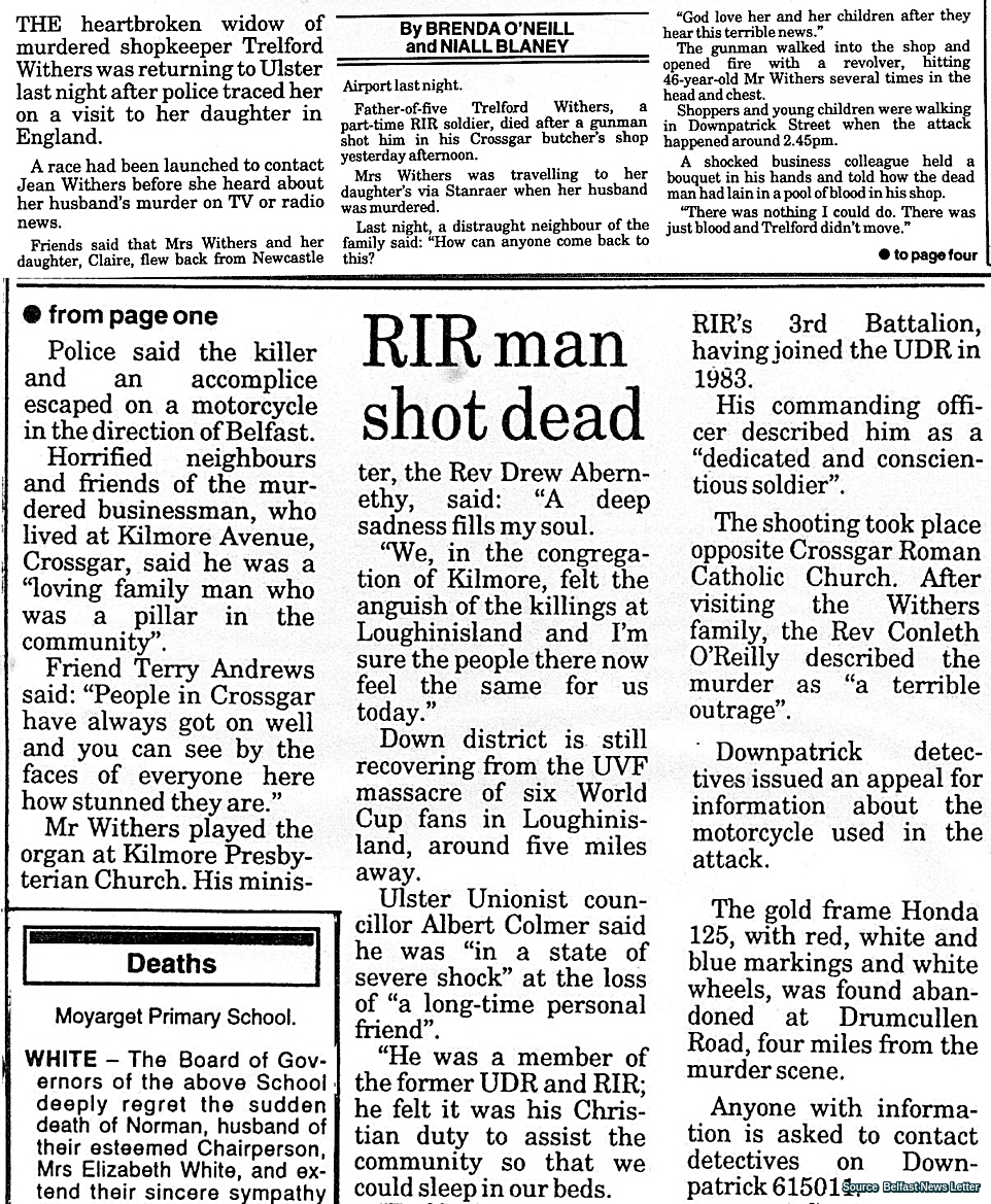 OnThisDayPIRA's tweet photo. #OnThisDay in 1994 the IRA murdered Thomas (Trelford) Withers, 46. Married father of 5. Butcher/off duty RIR soldier shot eating icecream with helper, at his shop door, Crossgar. Wife had cancer, visiting daughter via Stranraer. Heard TV news &amp; rang the shop; police answered #OTD https://t.co/7rWhMVK30A
