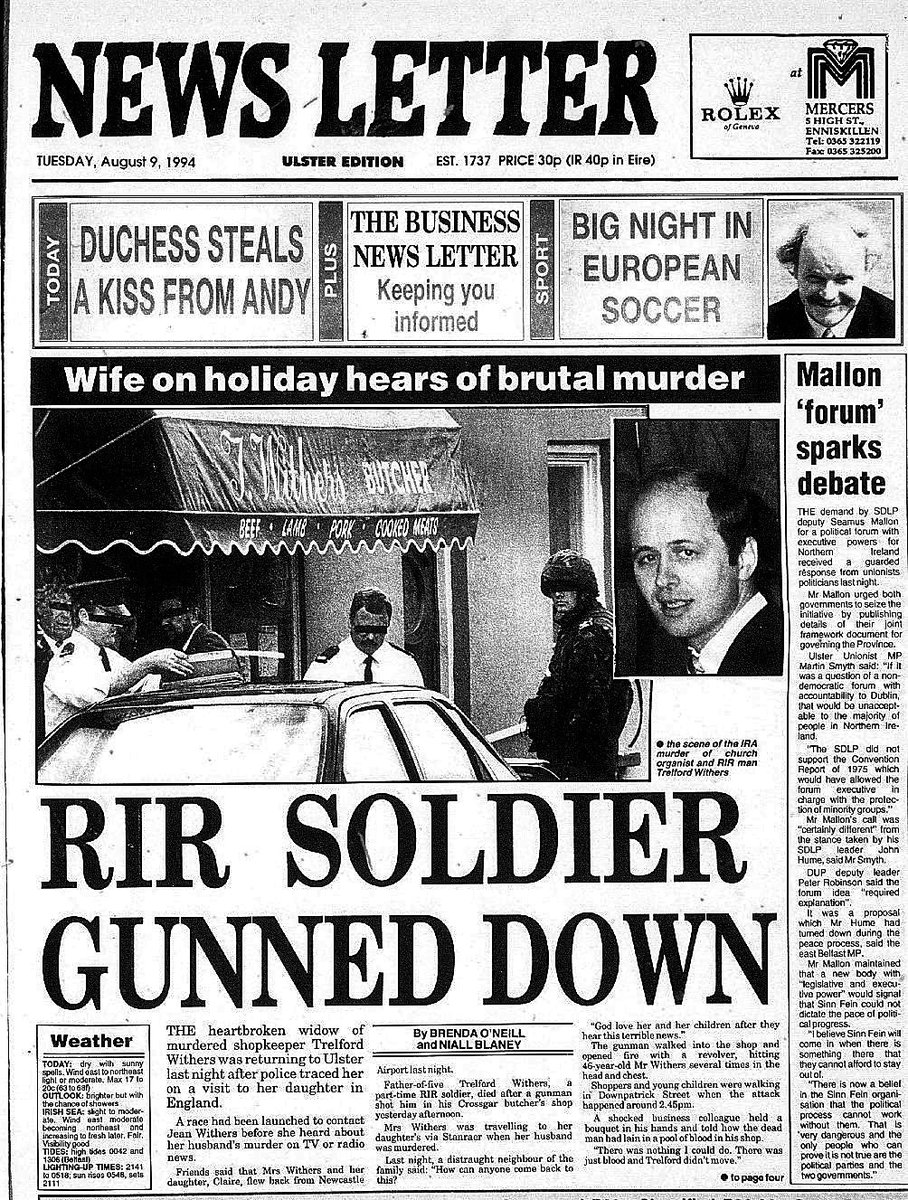OnThisDayPIRA's tweet photo. #OnThisDay in 1994 the IRA murdered Thomas (Trelford) Withers, 46. Married father of 5. Butcher/off duty RIR soldier shot eating icecream with helper, at his shop door, Crossgar. Wife had cancer, visiting daughter via Stranraer. Heard TV news &amp; rang the shop; police answered #OTD https://t.co/7rWhMVK30A