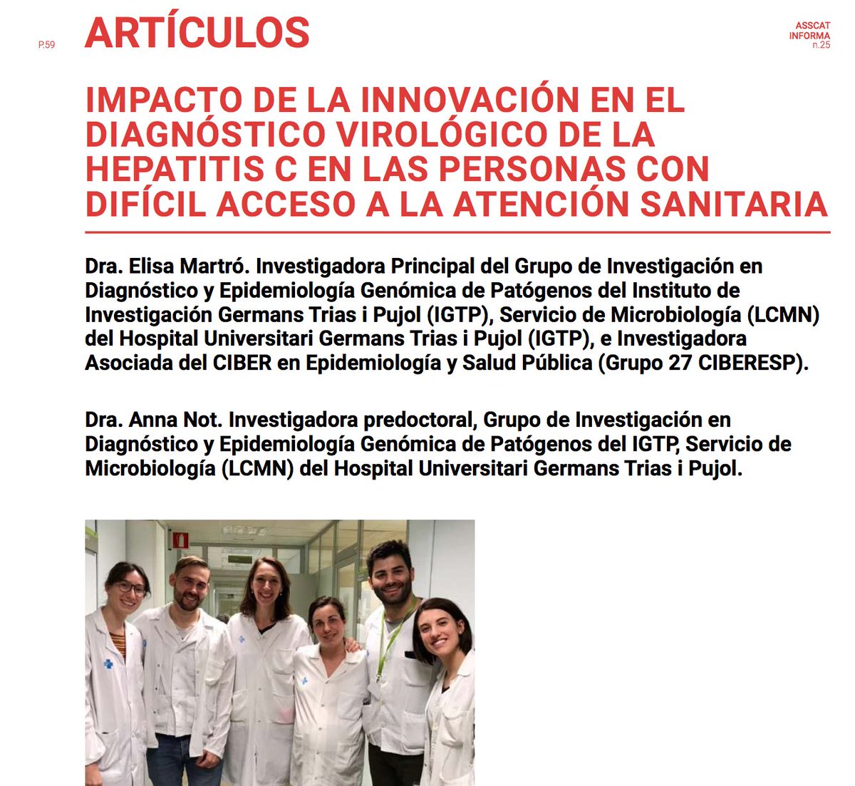 ¿Cuál es el impacto de la innovación en el diagnóstico virológico de la #hepatitisC en las personas con difícil acceso a la atención sanitaria? La Dra. @ElisaMartro y la Dra. Anna Not nos lo explican 👉 n9.cl/2m5r2 @CIBER_ESP @hgermanstrias #asscatinforma25