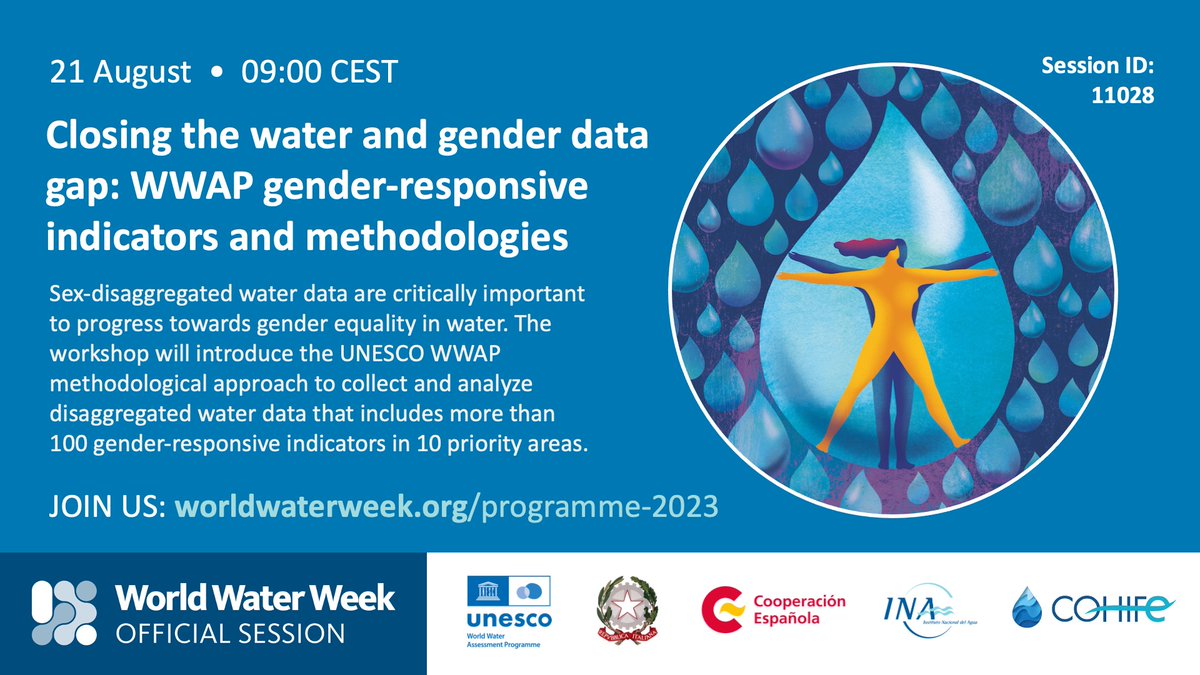 You want to learn how to use the WWAP 'Water &amp; Gender' Toolkit for collecting sex-disaggregated water data?

Join us at #WWWeek 2023 on 21/08.
Limited places available!

Register: worldwaterweek.org/programme-2023

<a href="/ItalyMFA/">Farnesina 🇮🇹</a> <a href="/INA_arg/">INA | Instituto Nacional del Agua</a> <a href="/AECID_es/">AECID</a> <a href="/cohife1/">COHIFe</a>