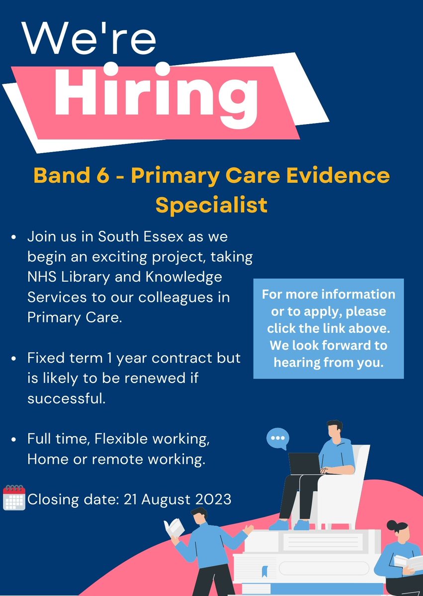 JOB VACANCY! 📢
Primary Care Evidence Specialist Band 6
Closing date: 21 August 2023
<a href="/MSEHospitals/">Mid and South Essex NHS Foundation Trust</a> 
For information or to apply, please follow this link: 
beta.jobs.nhs.uk/candidate/joba…