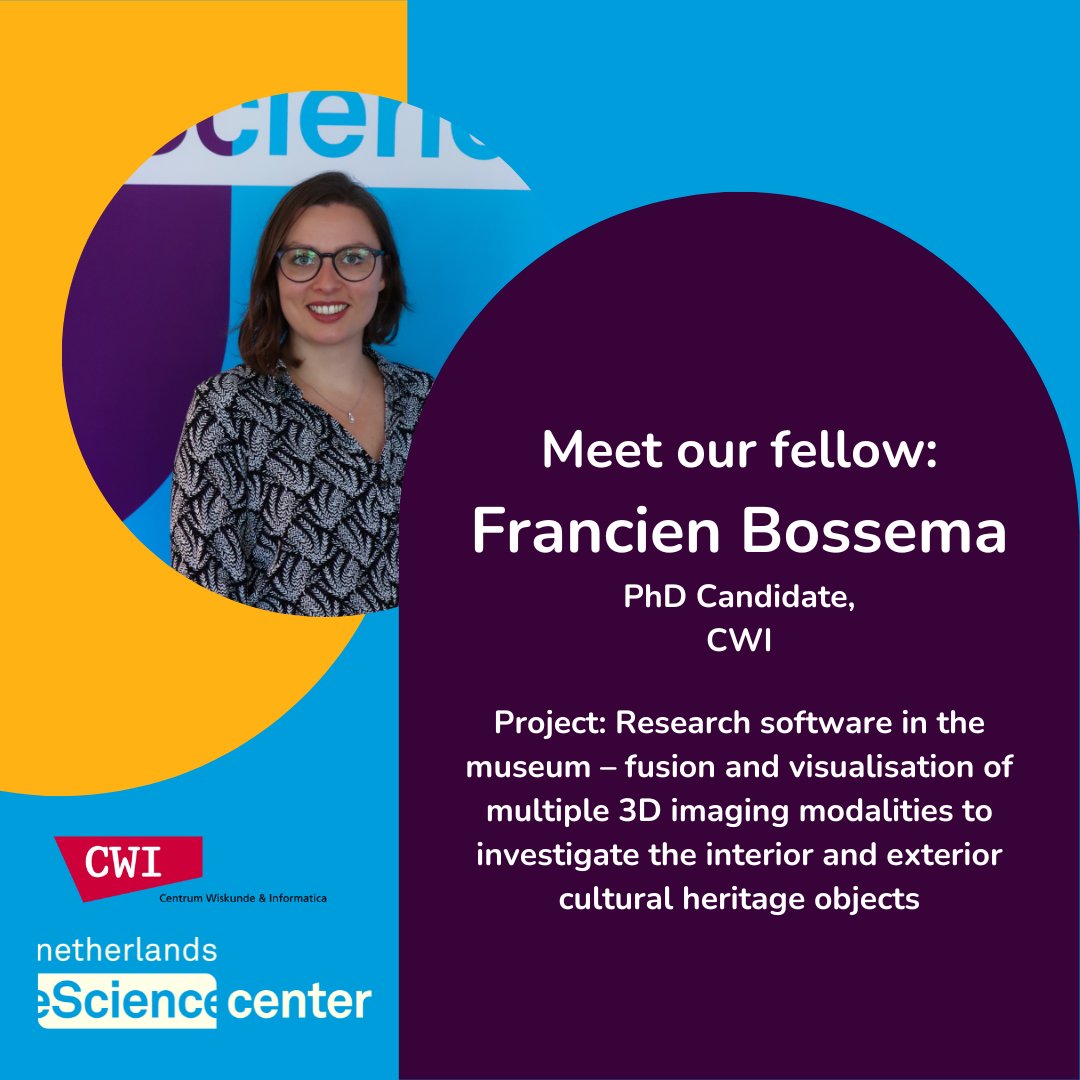 eScienceCenter's tweet photo. Meet our Fellow ๐
Introducing @FrancienBossema, PhD Candidate at @CWInl.
As an #eScienceCenterFellow, Francien works on Research Software in the Museum using 3D imaging #modalities.
Learn more about Francien's project here: https://t.co/01zY8kztMy https://t.co/DPtAAdpReZ