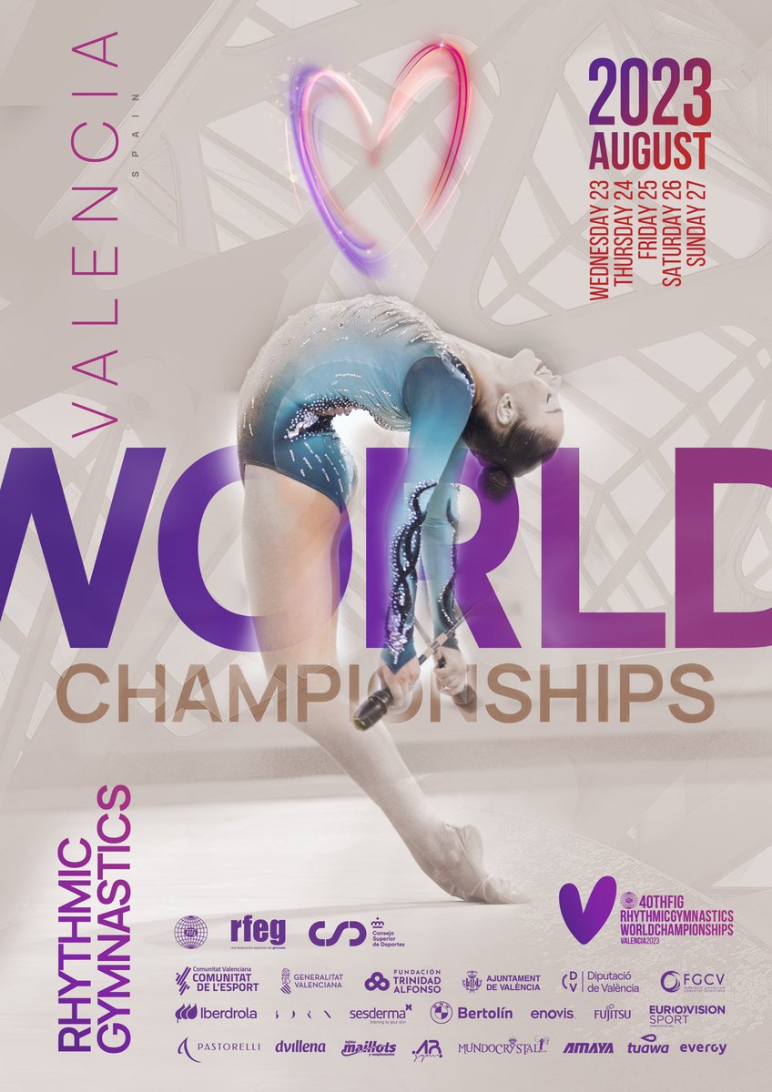 RFEGimnasia's tweet photo. ¡Aquí está! El cartel oficial del Campeonato del Mundo de gimnasia rítmica Valencia 2023 🤩

¡Nos encanta! ¿Y a vosotros? 😍 #RhyWorlds2023 ❤️ https://t.co/RUgfRG0YAv