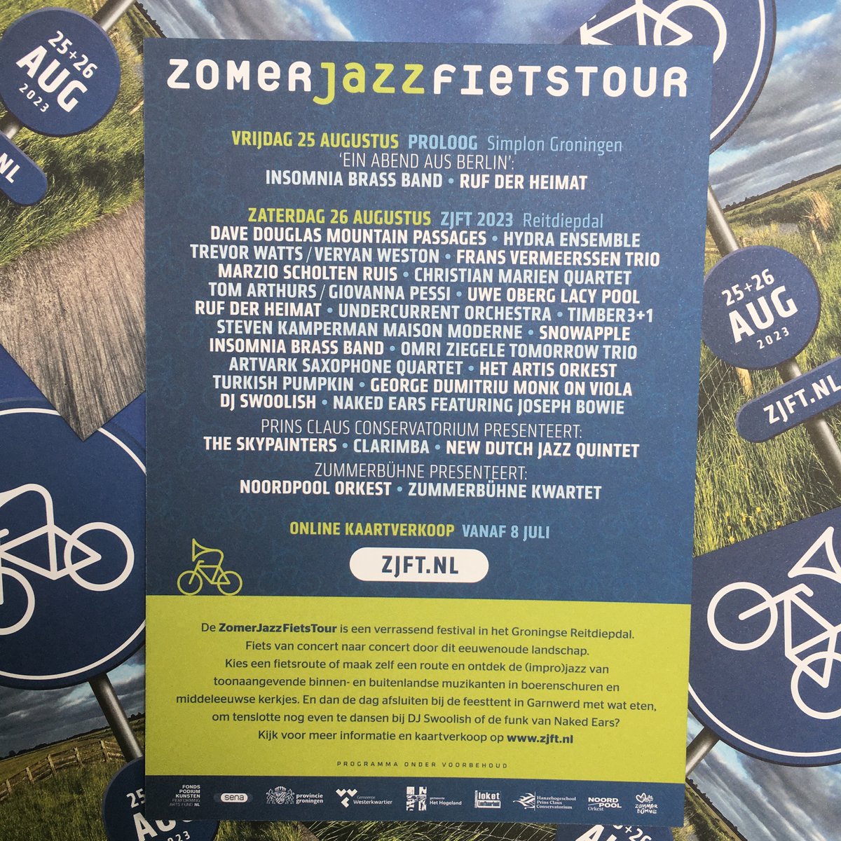 Jazzfietsers opgelet!

De 37ste ZomerJazzFietsTour op 25 en 26 augustus gaat weer back to normal, dus net zo bijzonder als altijd. Je kunt weer zelf een programma kiezen of een van de vijf voorgestelde routes volgen.

Meer informatie: zjft.nl/2023/index.php
#zomerjazzfietstour