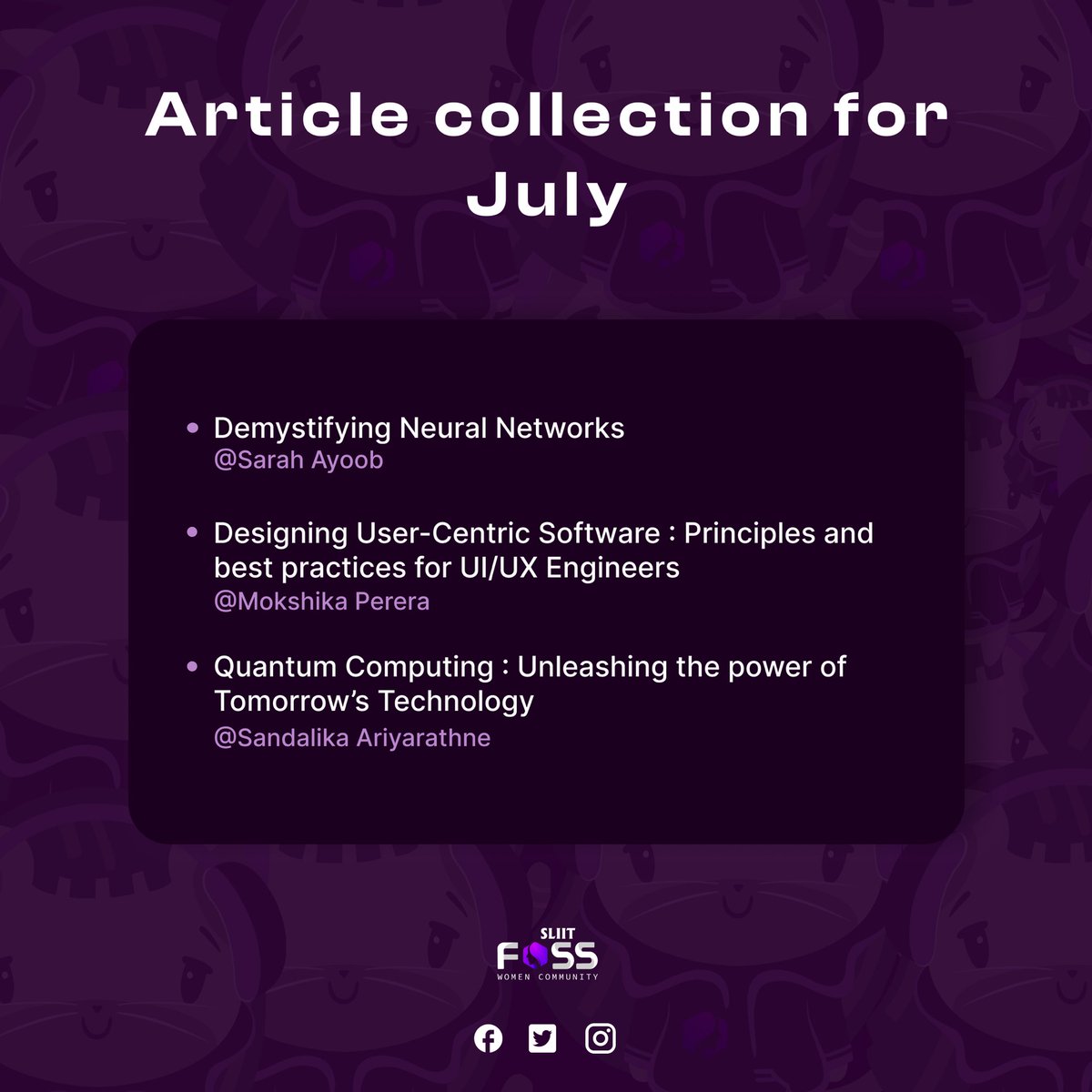 sliitwif's tweet photo. "An investment in Knowledge pays the best Interest."
Collect your interest by having mastery over the knowledge you possess.

The blog collection for the month of July is out now! 🤩
Do check out the articles,

Demystifying Neural Networks by Sarah Ayoob
https://t.co/8Agr5tql0Z https://t.co/fW0kTU43TP