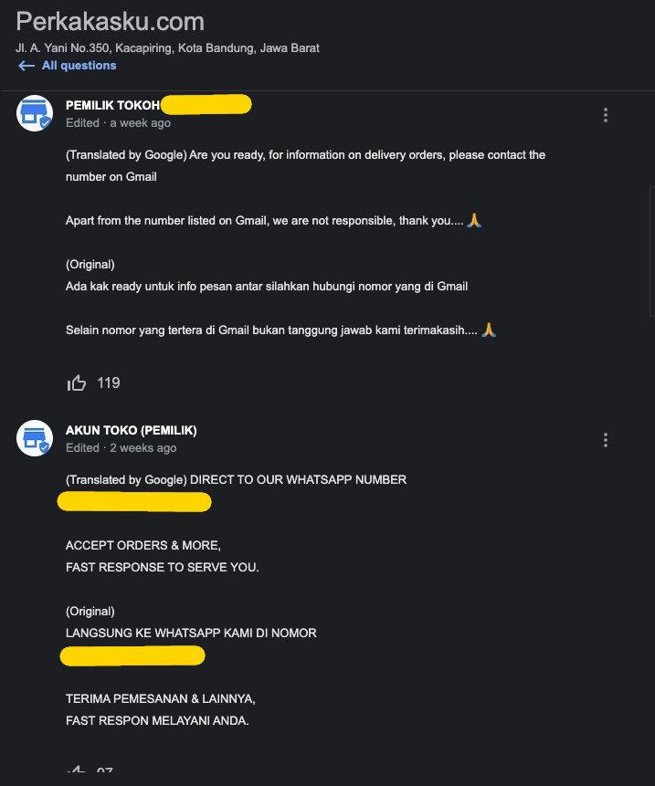 Hati-hati ya kolom tanya jawab di Google Business @google kami banyak spam superti ini. Sudan kami report juga tapi terus bermunculan. Jadi untuk pertanyaan langsung kontak kami di nomor yang tercantum di website kami ya perkakasku.com/links