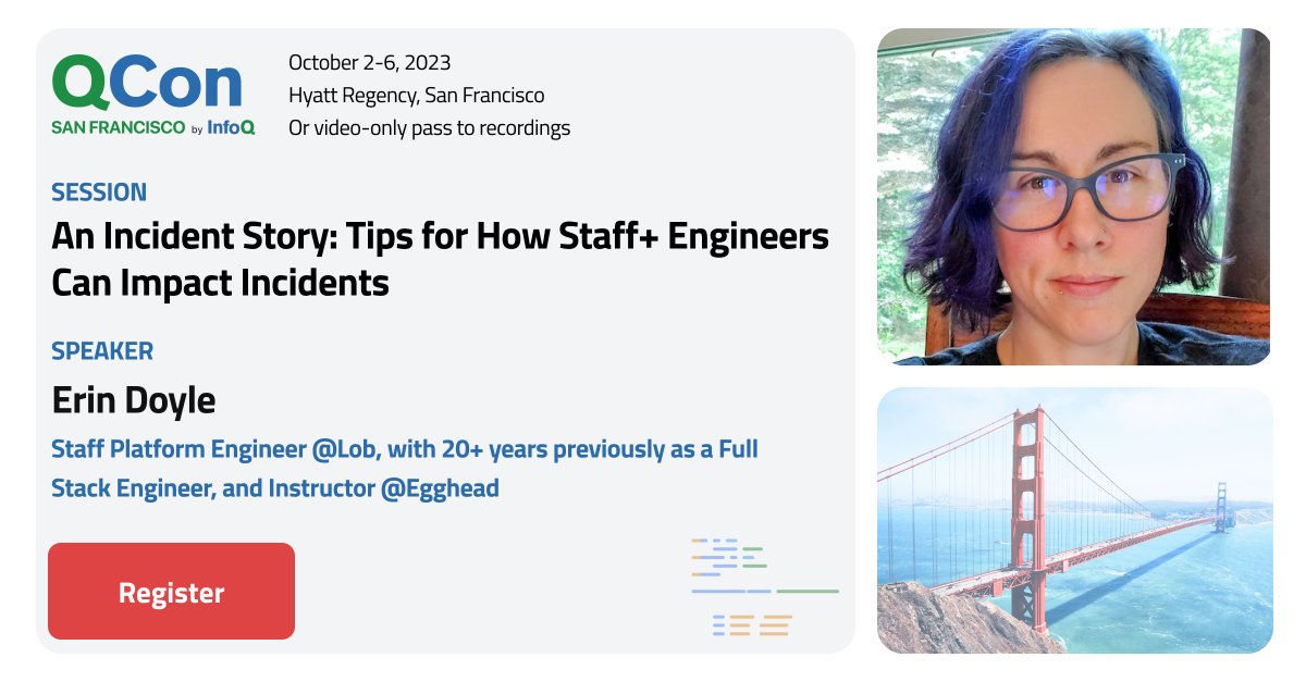 I am excited to announce that I'll be speaking at #QConSF this Oct 2-6!  Come hear me share how Staff+ Engineers can impact and improve incidents: qconsf.com/presentation/o…  #SoftwareConference #TechEvent