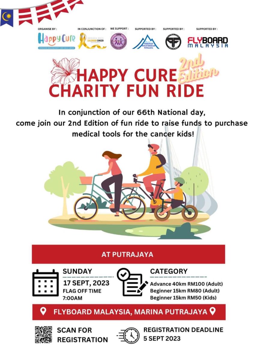 Highly appreciated if u guys can spread this around. Come and help us to raise fund for the cancer kids in need 🙌🏼. Hey, u'll get some awesome goodies come with the fee. Suggested route : Bunga Raya 🌺 #CancerKids #RaiseFund #CharityRide #HappyCure #PutrajayaFoldies