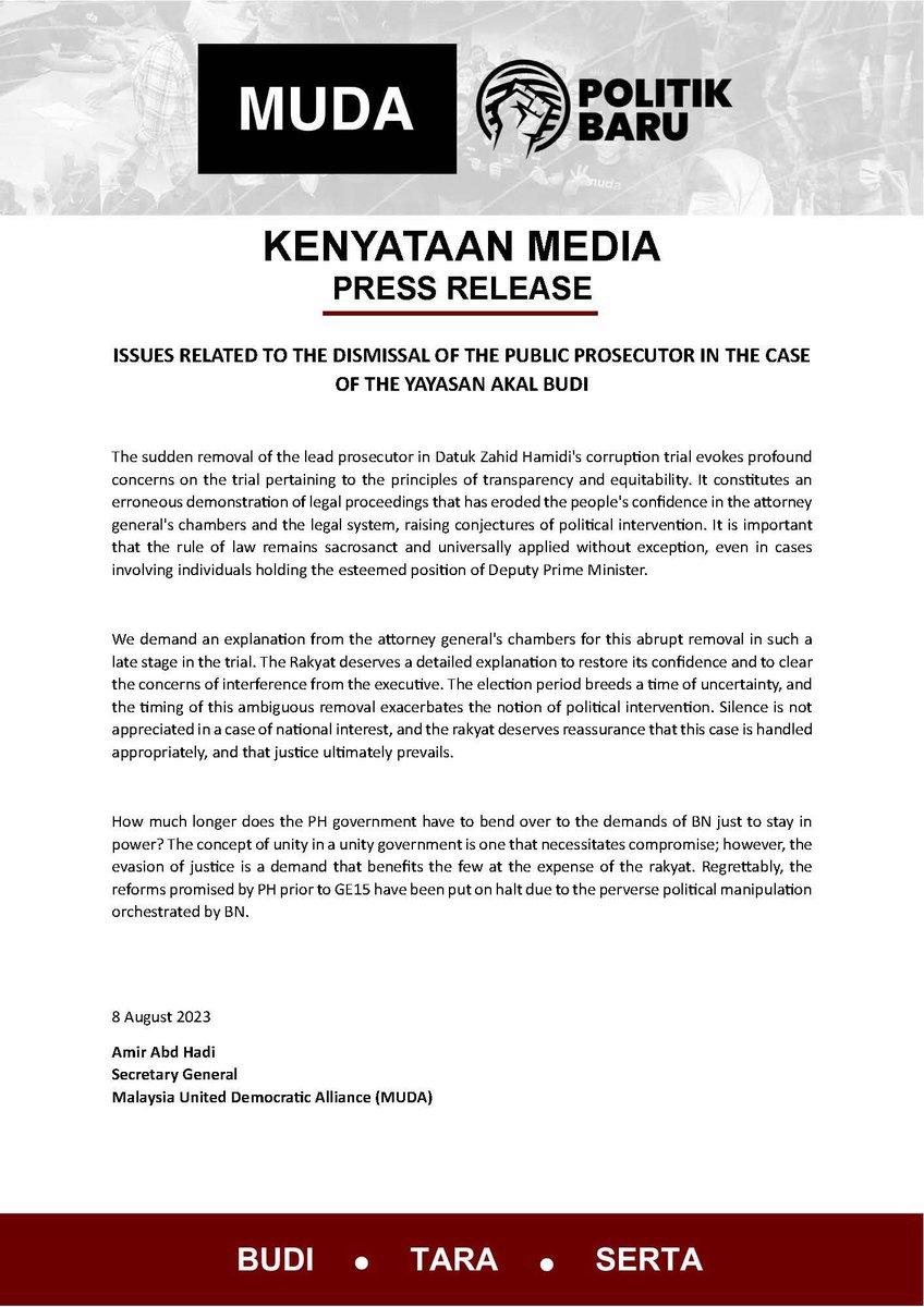amirxabdhadi's tweet photo. Press Statement 08 August 2023 : Issues related to the dismissal of the public prosecutor in the case of the Yayasan Akal Budi
#SeriSerdang #BersihDanSistematik #PolitikBaru #TetapBersuara https://t.co/v91zl6L4RP