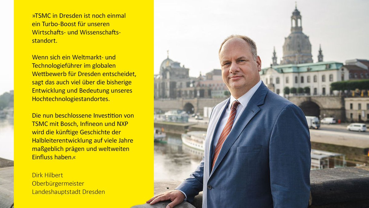 Der weltweit agierende taiwanesische Halbleiterhersteller #TSMC hat soeben angekündigt, gemeinsam mit #Bosch, #Infineon und #NXP eine Halbleiterfabrik in #Dresden errichten zu wollen. Mehr unter pr.tsmc.com/english/news/3…,  erste Reaktionen hier medienservice.sachsen.de/medien/news/10…