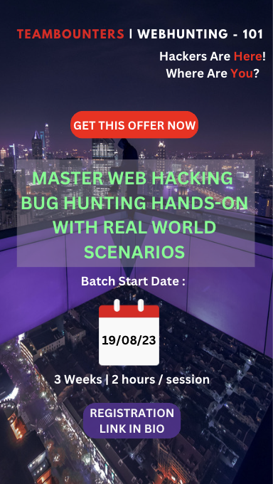 TeamBounters's tweet photo. 🎉 Exciting news! The wait is over! The dates for the upcoming Web Hunting 101 course are out! Get ready to level up your skills and dive into the world of web hunting. Stay tuned for more details and registration information. 🕵️‍♂️🌐 #bugbountytips  #Hacking https://t.co/nl3xqjcwXo