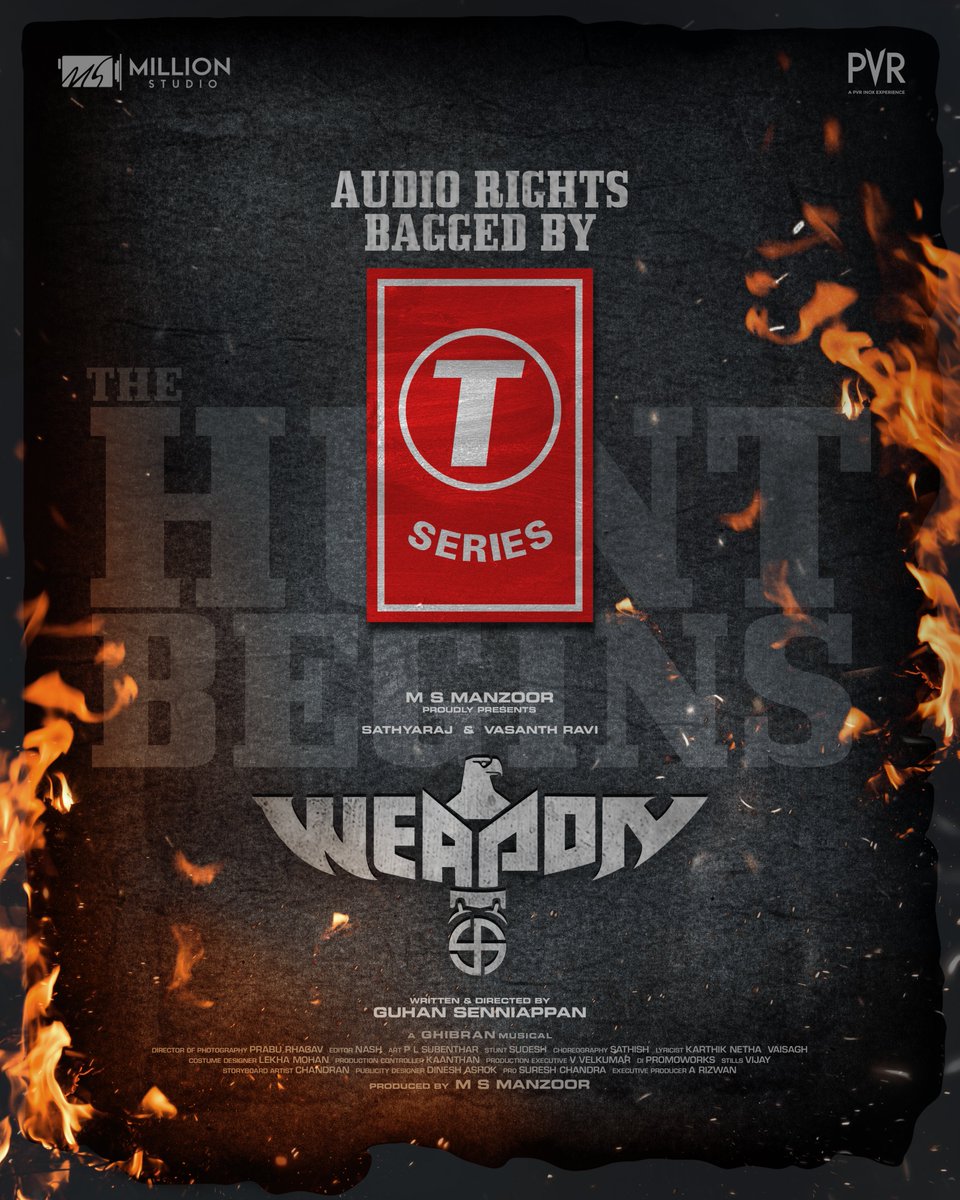 We are delighted to inform you all that the audio rights of our Movie ' #WEAPON ' is bagged by T-Series. The Super Human Saga #thehuntbegins #WeaponMovie #வெப்பன் #HuntBegins 🔥 by @MillionStudioss @ManzoorMS @GuhanSenniappan @TSeriesSouth #Sathyaraj @iamvasanthravi