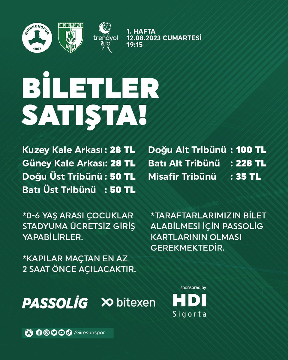 Giresunspor's tweet photo. 📢 Trendyol 1. Lig'in 1. haftasında oynayacağımız Bodrum FK maçının biletleri satışta!

Biletinizi https://t.co/KPrK6LVyxT adresinden veya Atatürk Meydanı’nda bulunan Passolig gişesinden satın alabilirsiniz. 

#GRSvBOD https://t.co/1hBySCYind