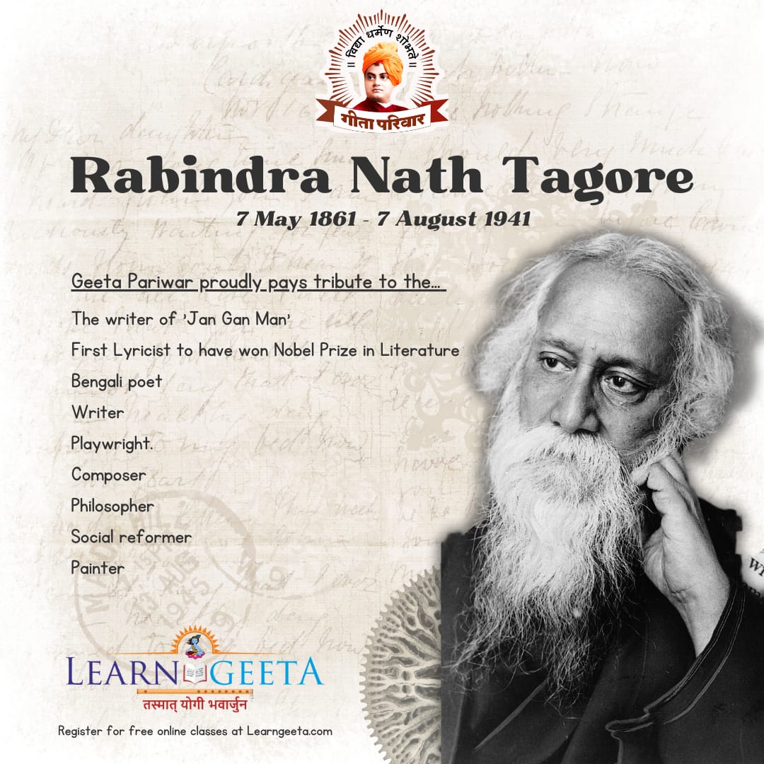 Learn_Geeta's tweet photo. Rabindra Nath Tagore (7th May - 7th Aug)
Register for free online Geeta Classes at : https://t.co/MP9iPglcpR
#geeta #nation #lovefornation #gitaparivar #recite #geetanjali #india #bharat #natinalanthem https://t.co/MtgQDjicUx