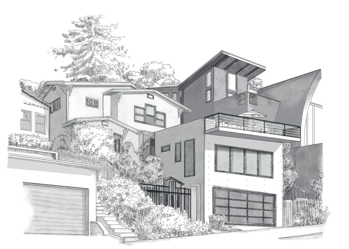 An  architectural sketch of a hillside home with a detached garage, offering stunning views of San Francisco Bay, skyline, and Bay Bridge.  Check out my gig on fiverr fiverr.com/share/8eyKDo 

#architecture #sketch #conceptart #blackandwhite #illustration #artwork