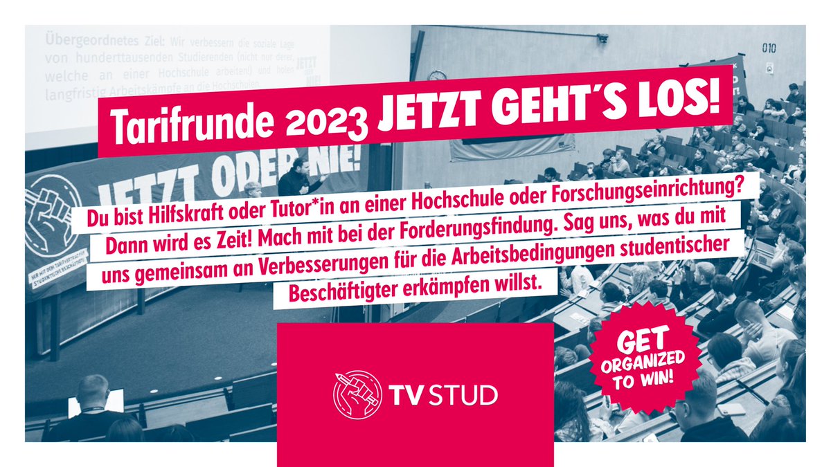Jetzt kommt es auf dich an!
Teilnehmen und weitersagen: Unsere digitale Forderungsbefragung für die Tarifrunde 2023. 

Nimm dir 2 Minuten, bring deine Forderungen ein und leite sie weiter: tarifrebellion.de/tarifrebellion…

#TVStud #KeineAusnahme #IchBinHanna
