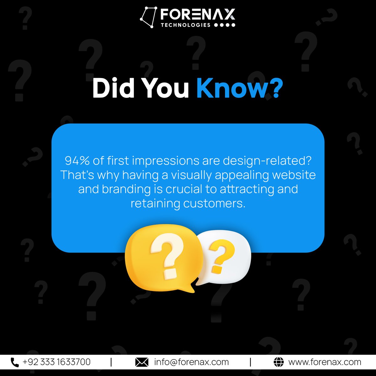 ForenaxT's tweet photo. Unlocking the Power of Design: 94% of First Impressions Depend on It! 🎨 Your website's aesthetics and branding play a pivotal role in captivating and retaining customers. Elevate your visual game for lasting impact.
#forenax #saasdevelopment #saas #outsourcingservices https://t.co/L6ezxE74Kz