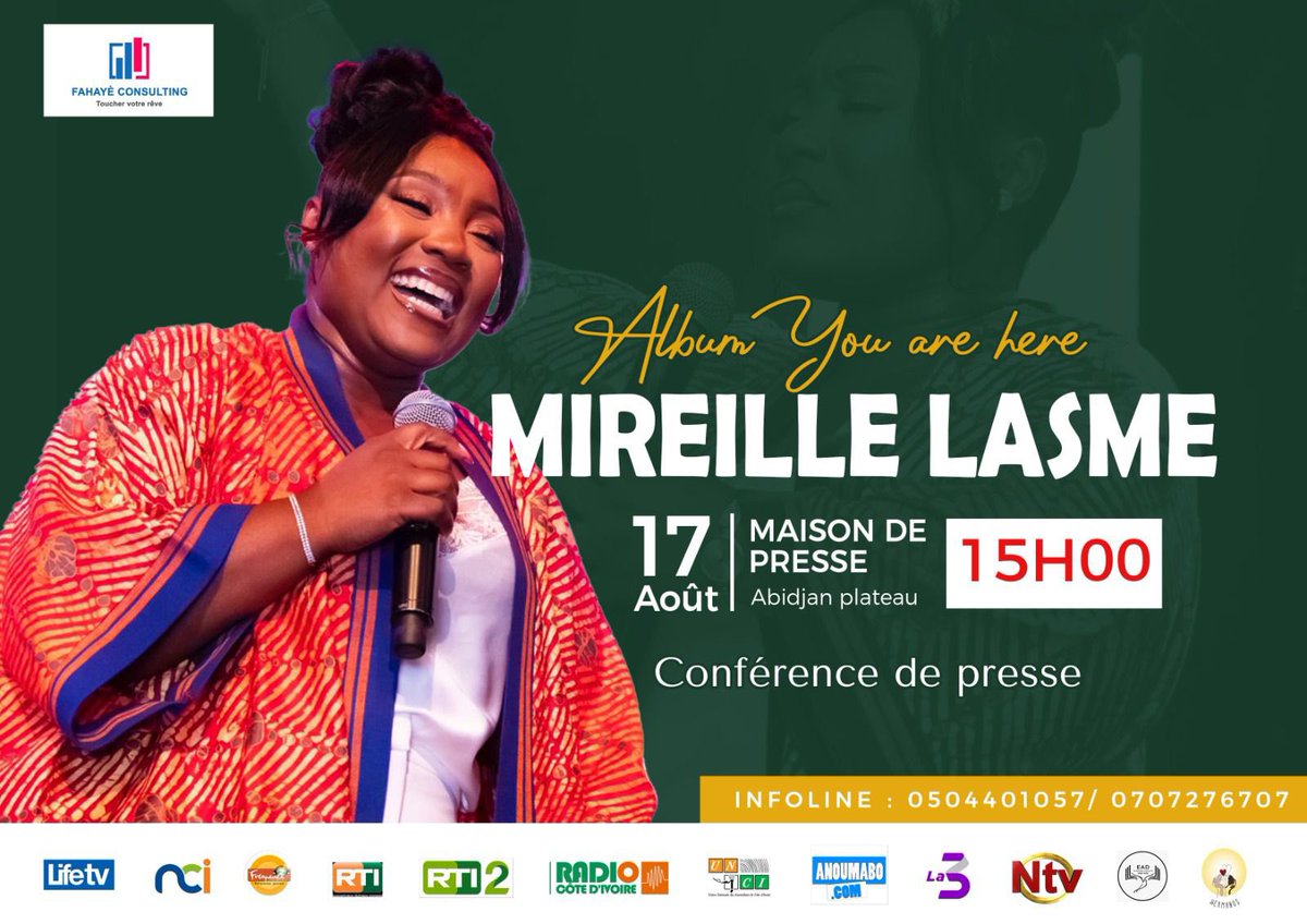 mireillelasme's tweet photo. Le 17 août prochain je serai à la Maison de la presse à Abidjan à 15h00 pour une conférence qui portera sur la sortie de mon album «  You are here » 

J’invite mes frères et sœurs ivoiriens à venir m’y rencontrer . 

J’ai hâte de vous voir 🤗. https://t.co/k3dxJUAK2m