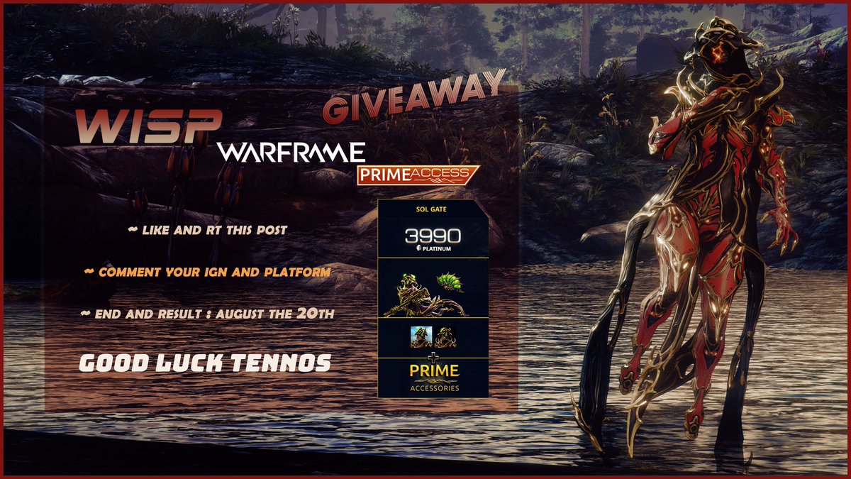 It is time #Tennos 🥳
The #Wisp Prime Access #Giveaway is here 🥰
Thanks <a href="/PlayWarframe/">WARFRAME</a> to make this gift for a Tenno 💝
How to participate : All conditions are on the captura on this tweet 📸

⌛️End and 🗳️Result : August the 20th 

Good Luck Everyone 🍀❤️#Warframe