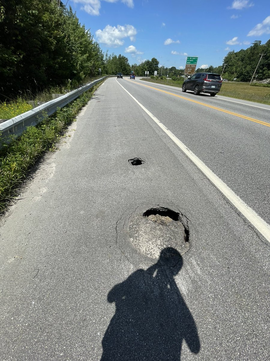 acoldcyclist's tweet photo. @NewHampshireDOT I think you should mark, cone or flag this. RT 114 at intersection of RT 103. Caused me some good road rash Sunday!  Please and Thank You https://t.co/ulF0bc5hXd
