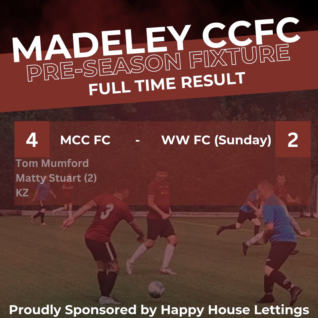 Sundays friendly result:

Good minutes for the boys, first one back and a good win with some great football played. Importantly minutes in the legs and looking at some new players. 

Goal scorers:
Tom Mumford
Matty Stuart (2)
Kareem Zaman