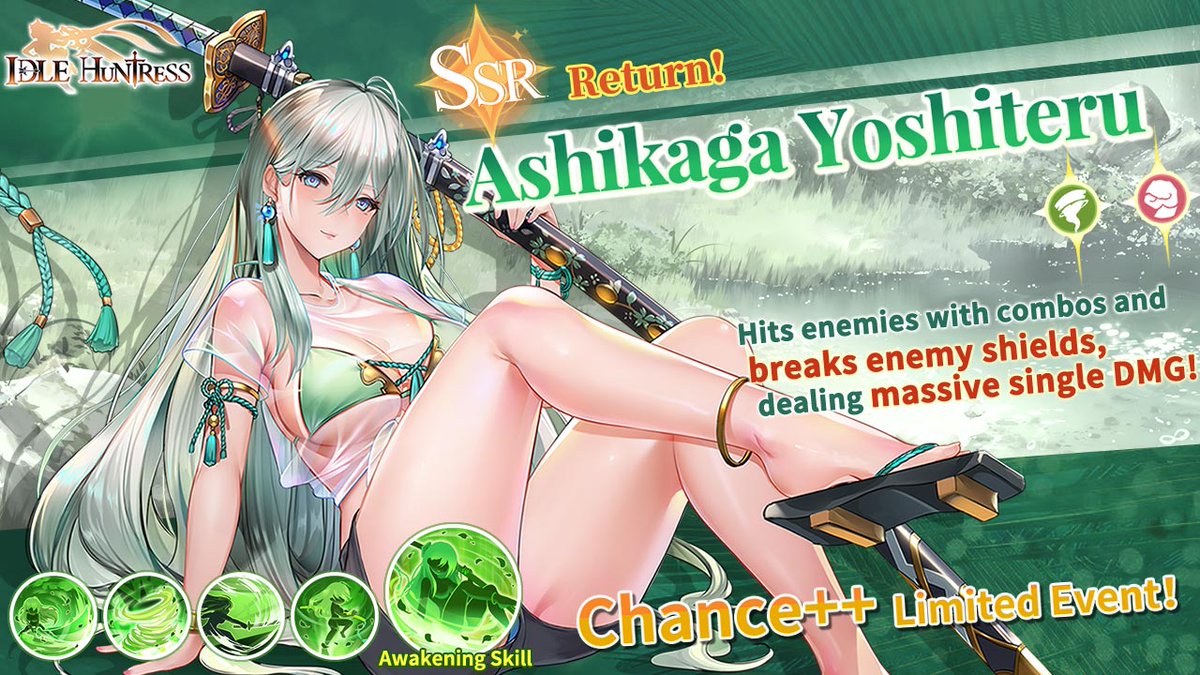 🎊Wind SSR huntress Ashikaga Yoshiteru Limited Chance++ Recruitment Return Event
⏰Event Time: Server time (UTC-5): 8/9/2023, 5:01 ~ 8/16/2023, 4:00 Central European Time (UTC+1): 8/9/2023, 11:01 ~ 8/16/2023, 10:00
🎉Recruit her to strengthen your team!