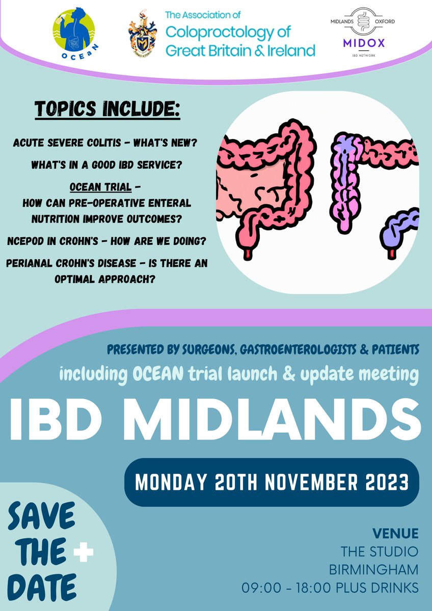 @ACPGBI (@acpgbi) on Twitter photo Save the date for the <a href="/ACPGBI/">@ACPGBI</a> 'IBD Midlands' day 20 Nov23 in Birmingham w/ <a href="/MidOxIBD/">MidOx IBD</a>
Bringing together surgeons, gastroenterologists & patients to discuss the latest advances in IBD
Plus, launch of <a href="/OCEaN_Trial/">OCEaN Trial</a> (EEN + Crohn's Surgery)!
#IBDMidlands #OCEANtrial
<a href="/austin_acheson/">Austin Acheson</a> Save the date for the <a href="/ACPGBI/">@ACPGBI</a> 'IBD Midlands' day 20 Nov23 in Birmingham w/ <a href="/MidOxIBD/">MidOx IBD</a>
Bringing together surgeons, gastroenterologists & patients to discuss the latest advances in IBD
Plus, launch of <a href="/OCEaN_Trial/">OCEaN Trial</a> (EEN + Crohn's Surgery)!
#IBDMidlands #OCEANtrial
<a href="/austin_acheson/">Austin Acheson</a>