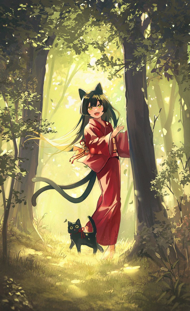 1girl animal ears japanese clothes cat ears kimono tail nature  illustration images