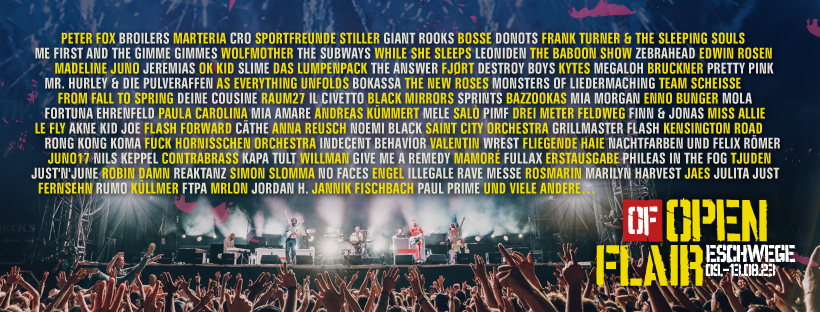AlexanderHeppe's tweet photo. @openflair Foto: Scarlett Grebestein
Banner: Arbeitskreis Open Flair e. V.
Freue mich auf #SportfreundeStiller #Cro #Marteria #Donots #Frankturner #Broilers #PeterFox #GiantRooks #Bosse #OkKid #TheSubways #Zebrahead #EdwinRosen u. v. a. m. https://t.co/CysE8tNMIn