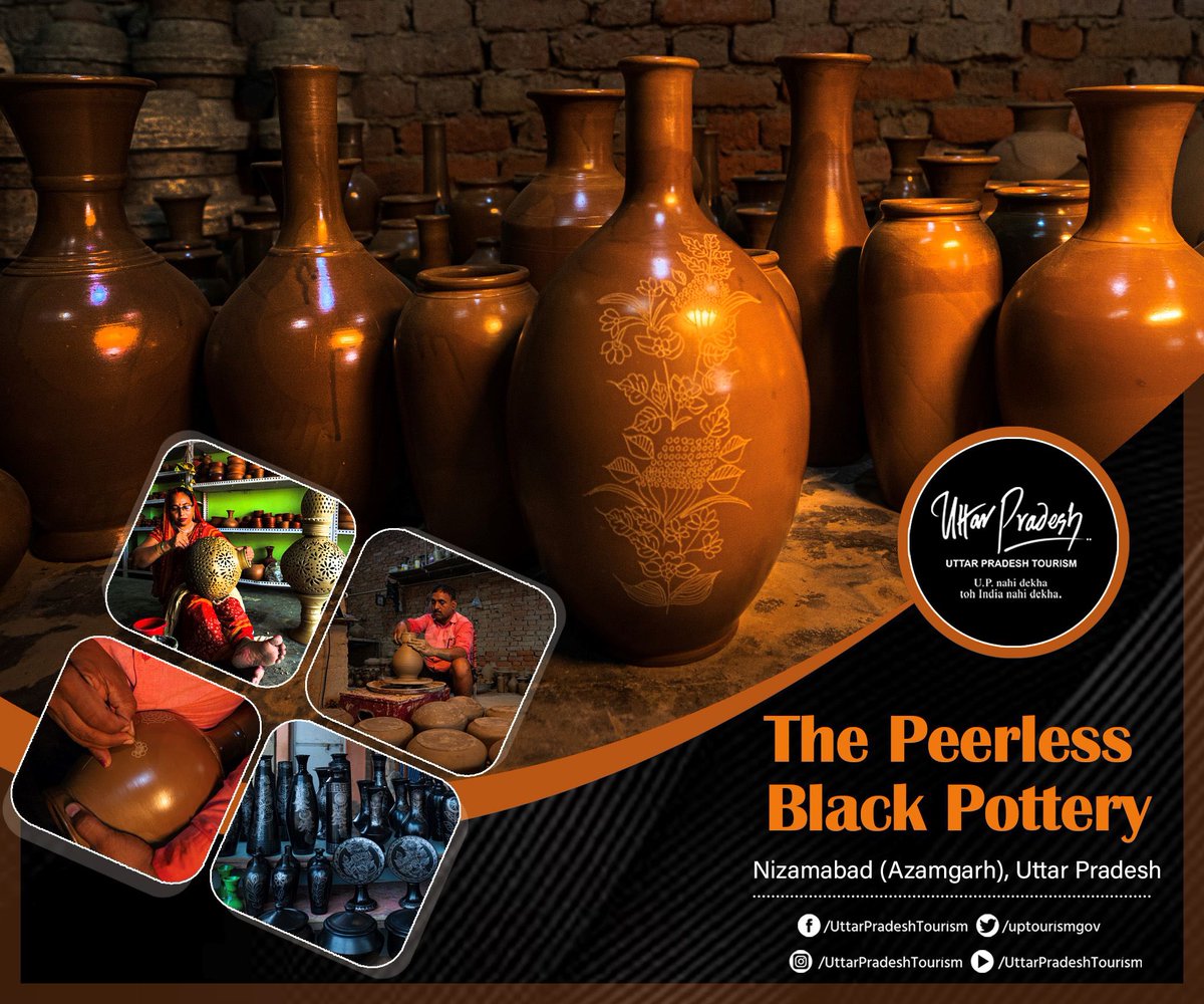 #BlackPottery is manufactured in the #Azamgarh district's #Nizamabad area from unique soil. The manufacturers manufacture a wide range of things, including vases & kitchenware. This craft is in high demand for both #aesthetic goods.
#CraftsOfUttarPradesh #UPTourism @MukeshMeshram